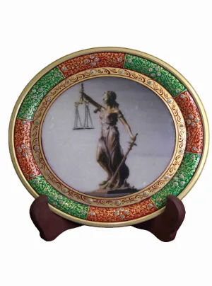 Lady of Justice Green and Red Border Round Marble Plate with Stand