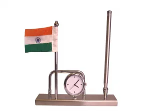 Indian Flag Desk Clock & Pen Stand — Silver Table Clock