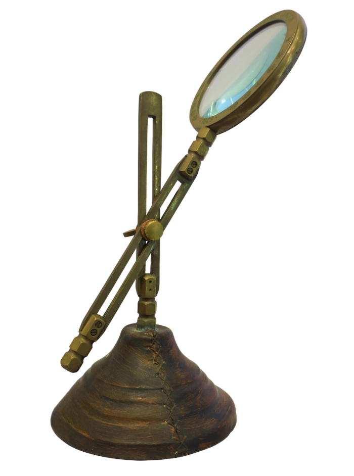 Brass Adjustable Magnifier — Vintage Desk Loupe on Wooden Base