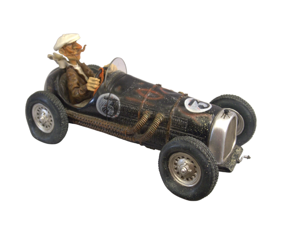 Vintage Race Car Model with Caricature Driver — Retro Desk Decor