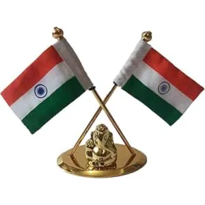 Twin Indian National Flag Desk Stand with Ganpati